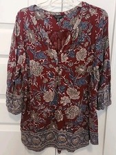 Lucky Brand Women s Size 1X Burgundy, Blue, Beige Floral Knit Tunic BEAUTIFUL