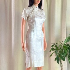 Vtg 60s Hong Kong Co Ivory White Brocade Cheongsam Qipao Dress S Mandarin Collar