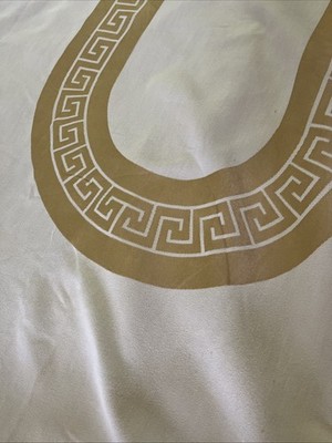 VTG Luxury Linen Damask Tablecloth Oval Greek Key Design Reversible 112 x 56 