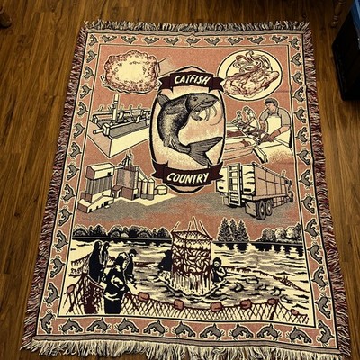 Catfish Country Woven Throw Blanket Fishing Fisherman Tapestry 70  X 48  VTG