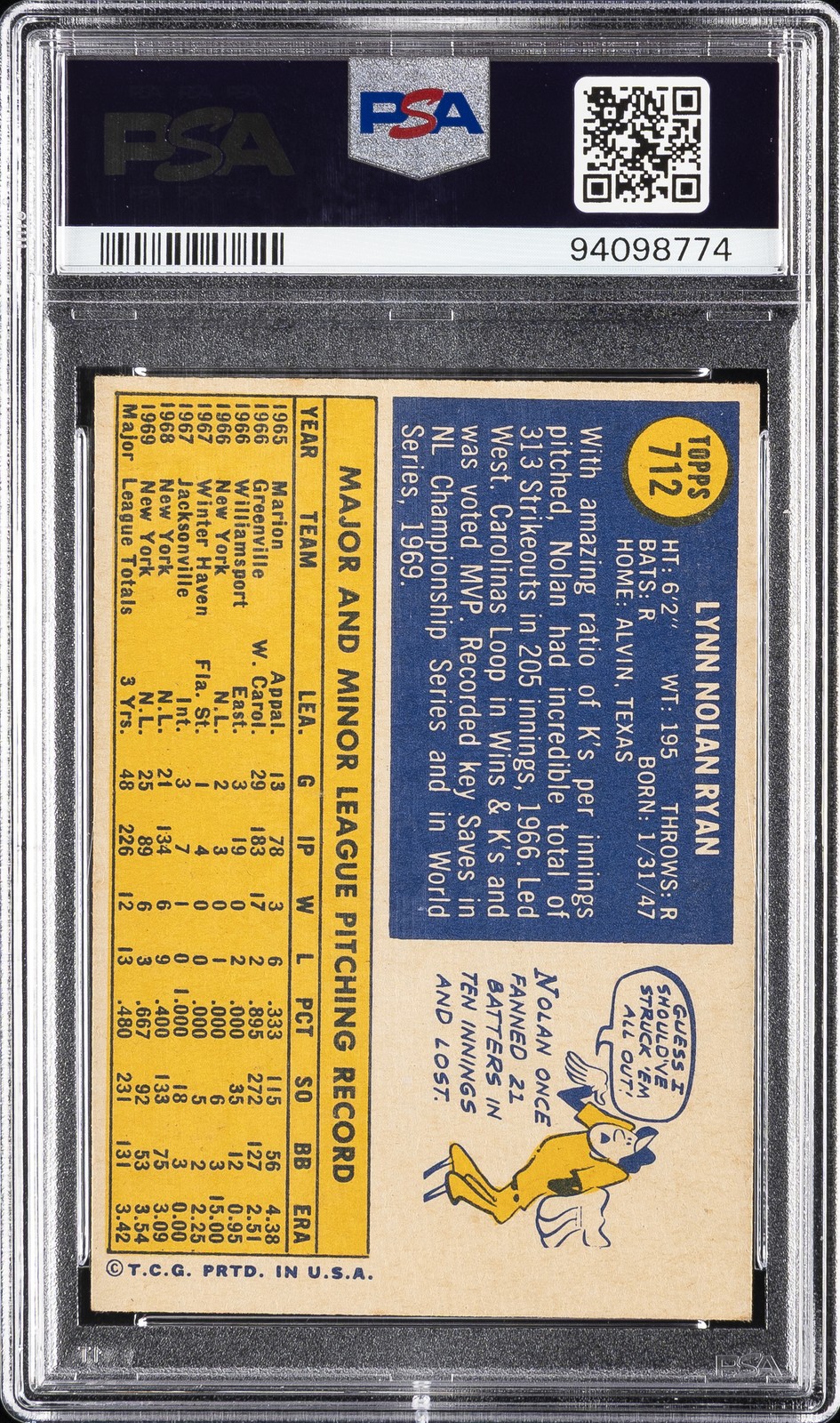 1970 TOPPS #712 NOLAN RYAN PSA 6 view 2