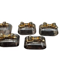 Set of 7 Vintage Silver Napkin Rings Gold Bows Elegant Table Simple Victorian