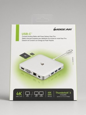 IOGEAR GUD3C03 Compact USB-C Docking Station with Power Delivery Pass-Thru