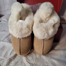 Suede Leather Platform Slippers Faux Fur Trim Tan Cream Womens 8 EU 39