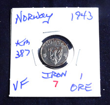NORWAY 1943 "1 ORE" VERY FINE (U-GRADE) KM 387 (IRON) WW II - CIRCULATED #7