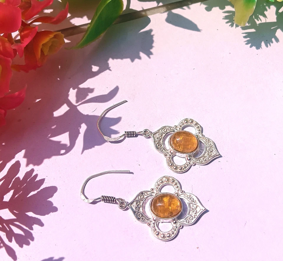 925 Sterling Silver Plated Baltic Amber Gemstone Earring Birthday gift Jewelry - Image 4 of 4