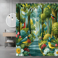 Tropical Forest Birds Shower Curtain Floral Jungle Print