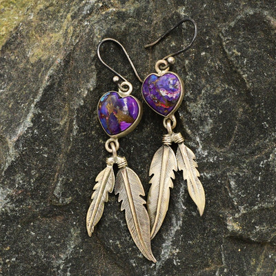 Sterling Silver 925 Purple Mojave Turquoise Feather Dangle/Drop Earrings