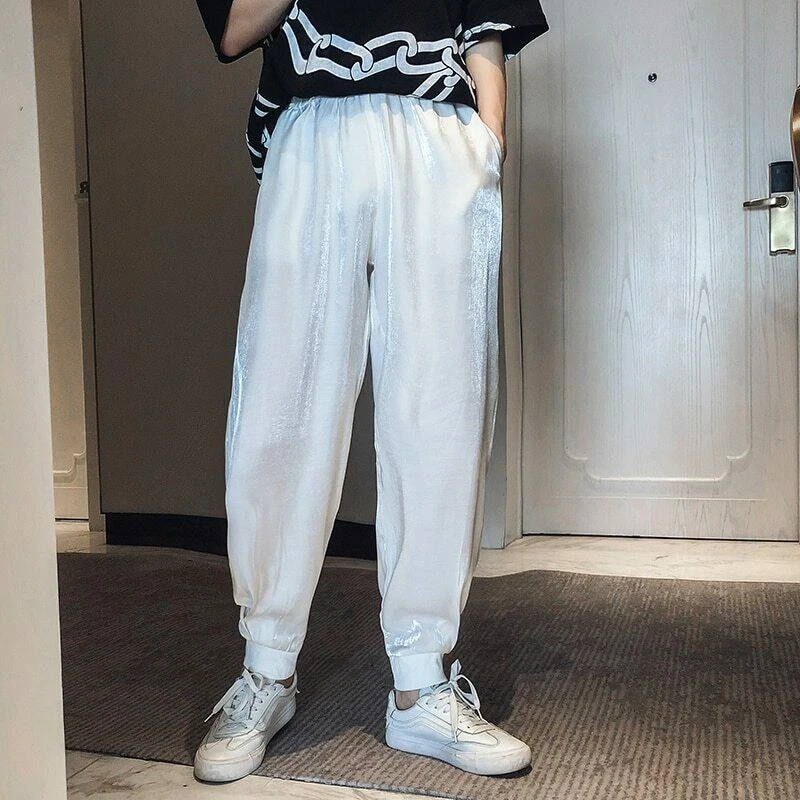 Jogger Pants Men Satin Elastic Waist Sweatpants Fashion Streetwear Casual Pant