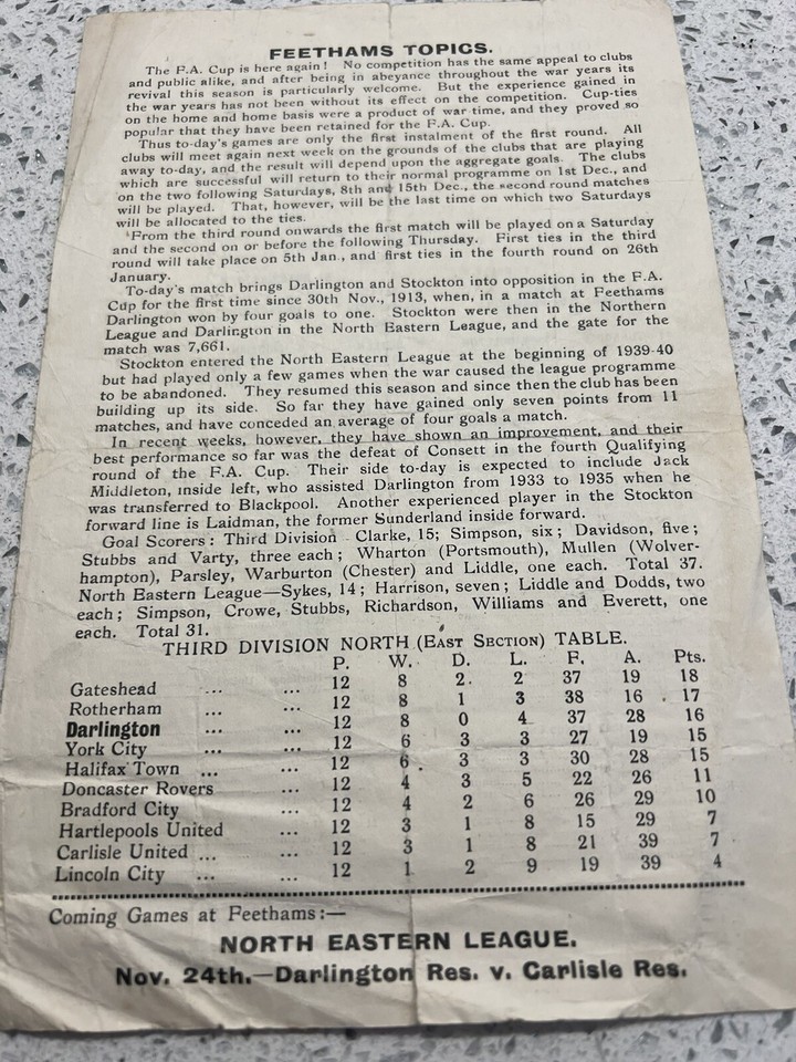 DARLINGTON V STOCKTON, FA Cup, 17th November 1945/46 FOOTBALL PROGRAMME