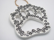 HAND DECORATED WHITE WOODEN DOG PAW ORNAMENT W/ DOG PAW SHAPED GLITTER