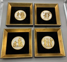 4 Pc Gold And Black Neoclassical Porcelain Wall Plaques Set Square Frame A9
