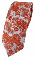 Schmale Tigertie Designer Krawatte In Orange Silber Paisley Gemustert