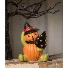 Bethany Lowe Halloween Seated Pumpkin Head Witch w/ bottlebrush tree  NEW