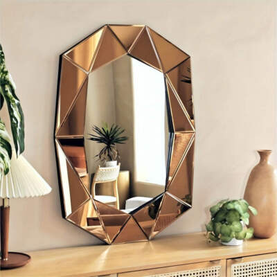 NNEOBA Decorative Wall Mirror Oval Diamond Shaped Large Silver Vanity with Brown