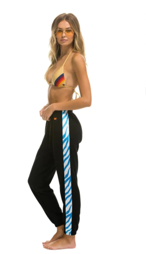 Womens Aviator Nation TIGER STRIPE SWEATPANTS - BLACK BLUE Velvet Side Large L