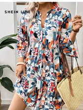 Women's Floral button Front Bell Sleeved Multitiered Dress By Shein XL