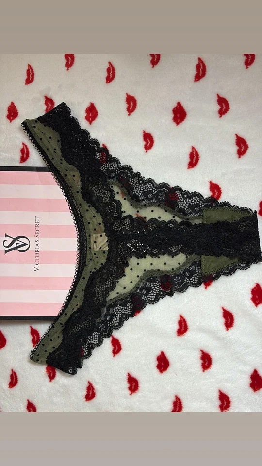 Panty Tanga Victoria's Secret Tease Verde Malla Transparente con Punto Negro Pierna Alta Nuevo con Etiquetas Foto 2 de 3