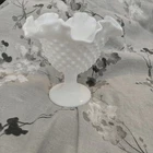 VTG Fenton Milk Glass Hobnail Pedestal Compote Candy Dish, Ruffle Edge 6"W 5.5"H