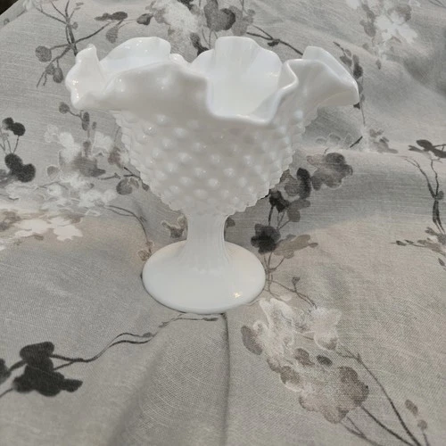 VTG Fenton Milk Glass Hobnail Pedestal Compote Candy Dish, Ruffle Edge 6"W 5.5"H