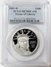 2005 W PROOF PLATINUM $100 AMERICAN EAGLE 1 OZ STATUE OF LIBERTY PCGS PR 70 DCAM 3175.00 per troy oz