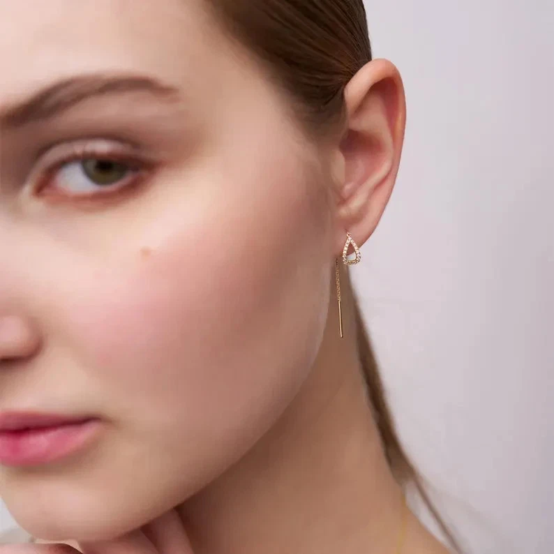 1Ct Round Cut Lab Created Diamond Threader Drop Earrings 14k Yellow Gold Plated - Image 2 of 4