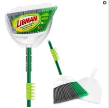 Libman Household Angle Broom and Dust Pan w/Clean Fibers Comb Green / White