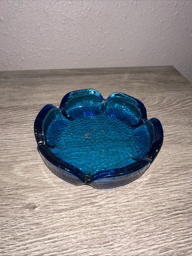 VTG Blenko Turquoise Blue Glass Flower Shaped Ashtray Lotus Peacock Ash Tray MCM