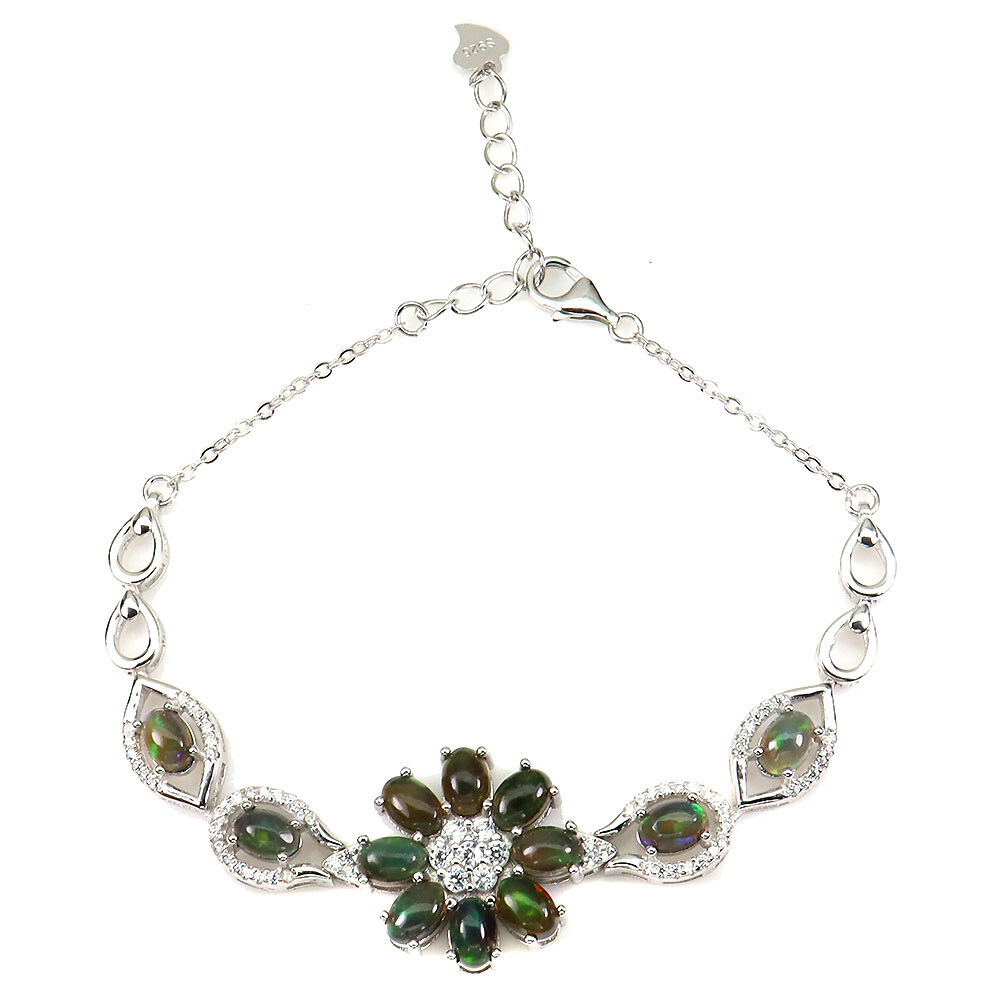 Bracelet En Argent 925 Avec Opale Noire Ovale 6x4mm - Bijou Précieux Réglable - Neuf Sans Boîte