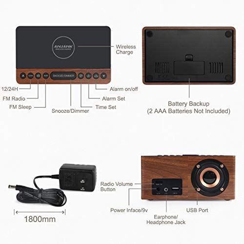 Anjank Holz Digital Wecker FM Radio, 10 W Schnell Wireless Ladestation für - Bild 2 von 8