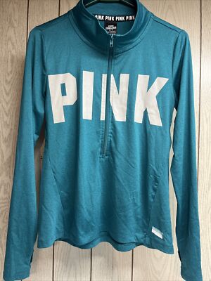 Womens Pink Ultimate Half Zip Shirt Medium Teal Blouse Long Sleeve Thumb Holes