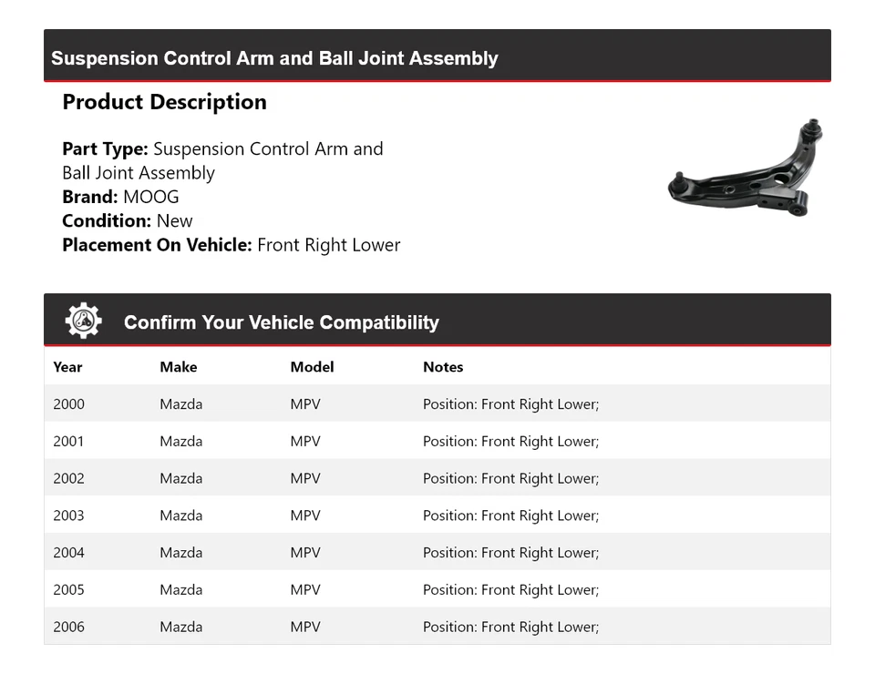 Conjunto de rótula de brazo de control delantero derecho inferior MOOG para Mazda MPV 2000-2006 Foto 2 de 4