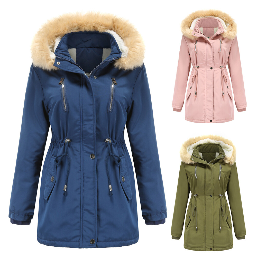 Mujer Polar Chaquetas Abrigo Largo Parka Capucha Delgado Color Sólido Invierno "