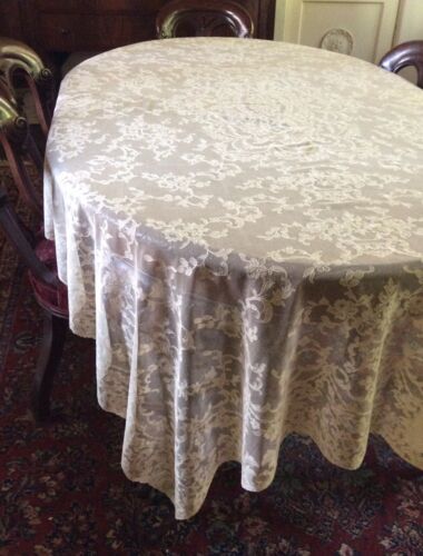 Lovely Vintage Beige French Alencon Lace Tablecloth & 8 Linen Napkins, 66”x 108” - Picture 1 of 10