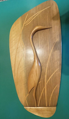Oberländer Holz Relief Wandbild 50er 60er Reiher Teak Nußbaum  Danish Design