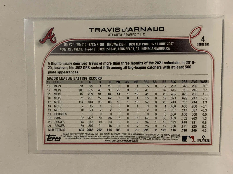 #4 Travis D'Arnaud Atlanta Braves 2022 Topps Series 1 Baseball Card MLB - Image 2 of 2