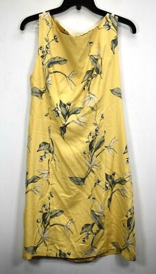 Hilo Hattie Womens Yellow Leaf Print Sleeveless Scoop Neck Silk Shift Dress 12