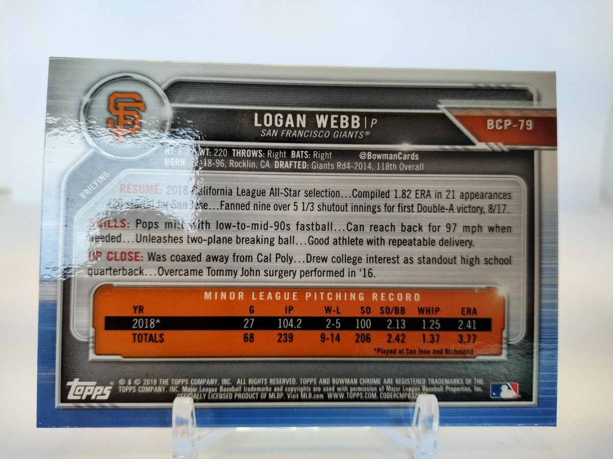 LOGAN WEBB 1ST 2019 Bowman Chrome Baseball BCP-79 San
