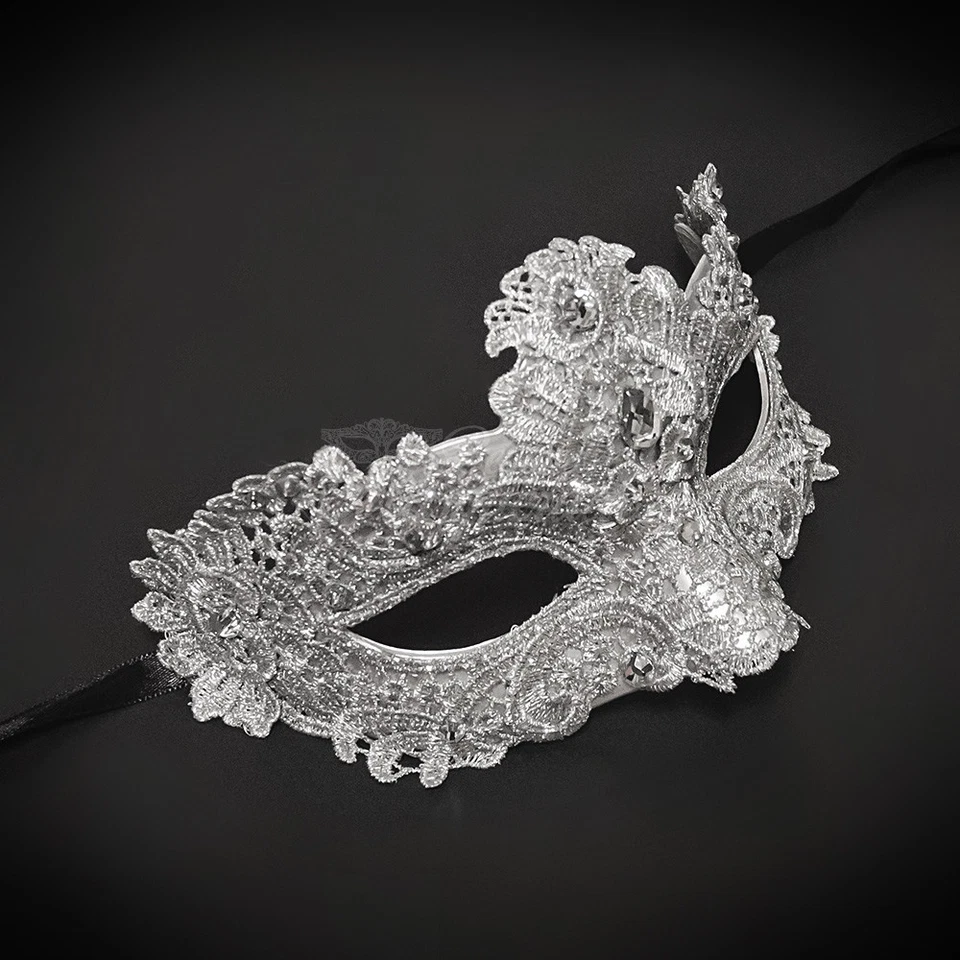 Brocade Lace Masquerade Mask Embellished with Gems for Women SILVER - Image 2 of 4