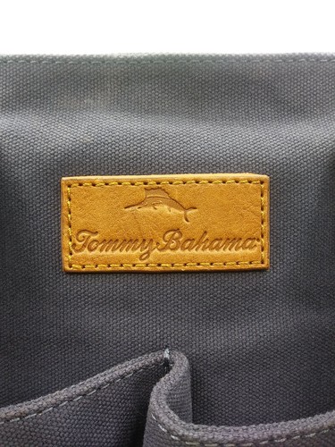 Tommy Bahama Canvas Leather Wine Carrier Bag Tote Purse Party Picnic Blue Brown - Picture 3 of 24