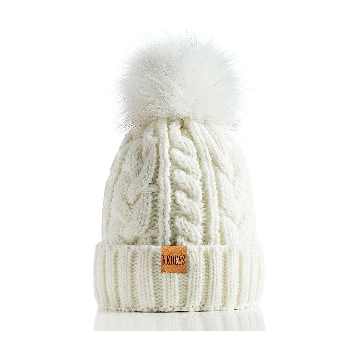 ?Women White Winter Pom Pom Beanie Hat with Warm Fleece Lined XL Angora Hat Fur Pom - Kyi Kyi main image 4