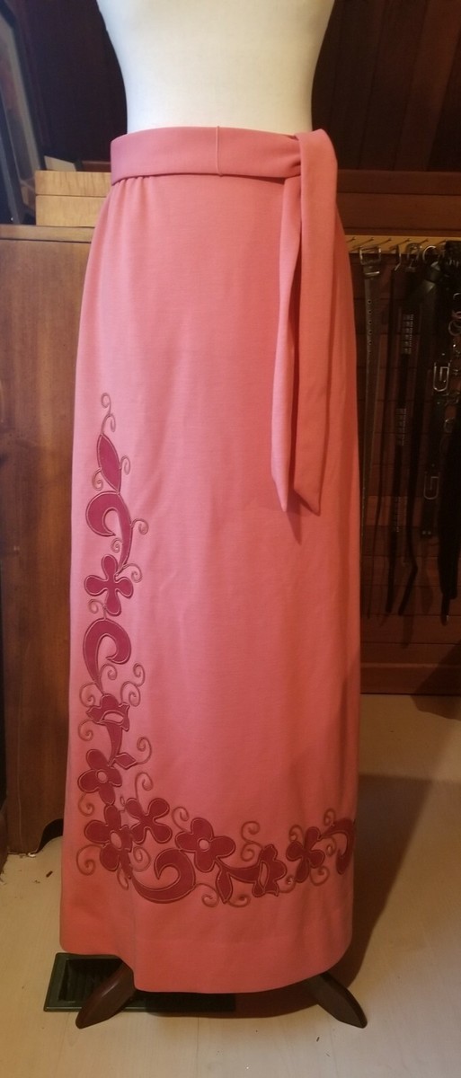 Vintage 1960's Union Made Applique Floral Design Coral Maxi Skirt