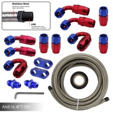 16.4FT 5M AN8 Stainless Steel Braided Fuel Line + 4PCS Hose End Fitting Silver
