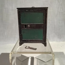 1890's TWO PANELS DOOR & SIDES DESIGN IRON TOY SAFE STILL BANK WITH ORIGINAL KEY