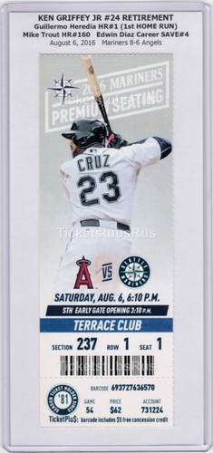 Ken Griffey Jr #24 RETIREMENT Trout HR 8/6/2016 Mariners Angels CLUB Ticket CRUZ - 第 3/19 張圖片