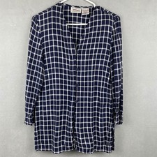 VTG Worthington Petite Blue Windowpane Plaid Button Tunic Blouse USA Made 90s 8P