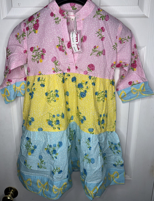 Mary Marshmallow Cotton Floral Tiered Dress Sz 10 NWT Roll Tab Sleeve Pink Blue