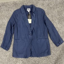 NWT Halston Vintage Look 100 Linen Blue Single Blazer Jacket Women  s Size M