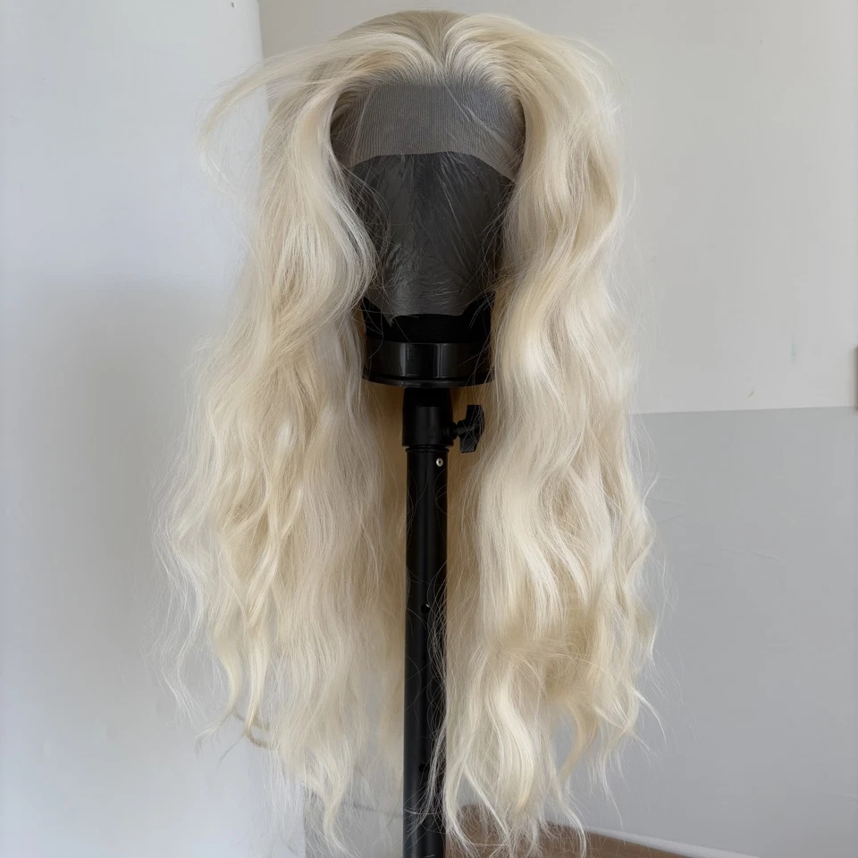 Длинный волнистый отбеливающий светлый синтетический парик с термостойкими лобными кружевами - Изображение 3 из 4