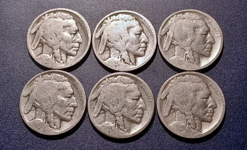 Lot of (6) Circulated 1920-S Buffalo Nickels